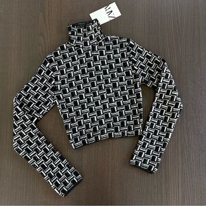 ZARA Black & White Geometric Turtleneck Crop Top
